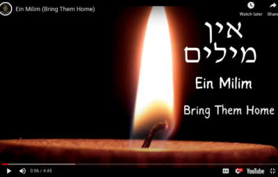 A lit candle with Hebrew text Ein Milim and English text Bring Them Home on a dark background.
